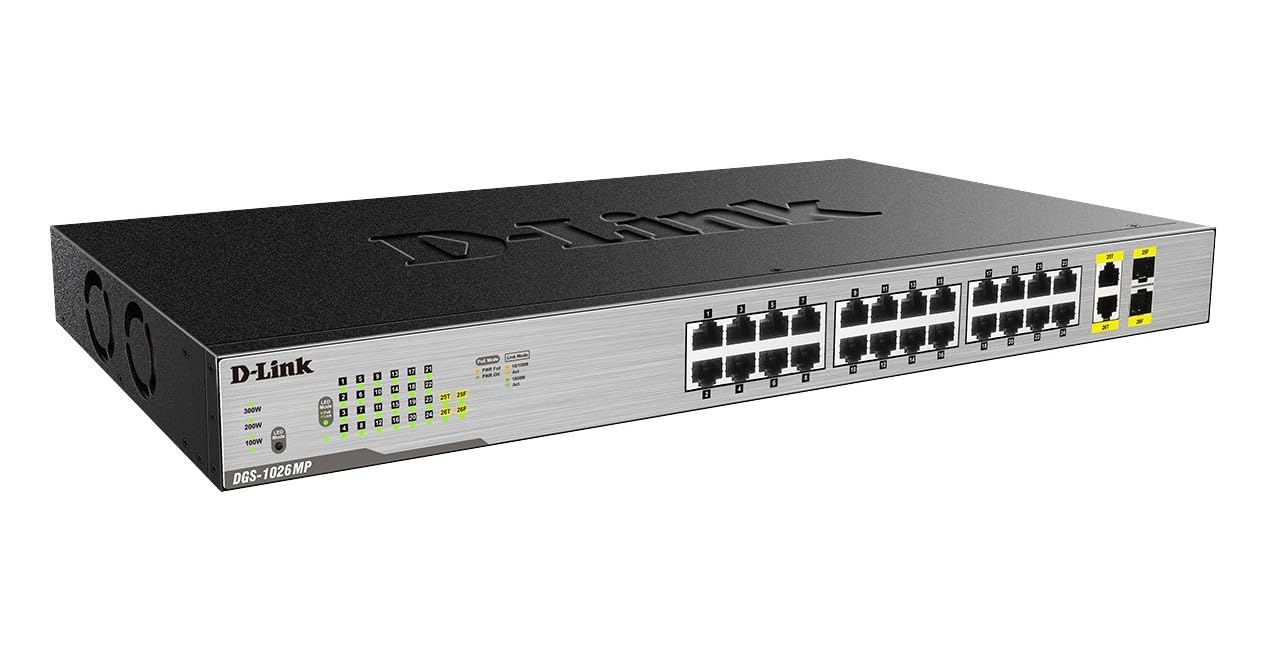 D-Link DGS-1026MP Layer2 PoE+ Gigabit Switch (26-Ports, davon 24 x 10/100/1000 Mbit/s PoE-Ports und 2 Gigabit Combo Uplink-Ports), schwarz