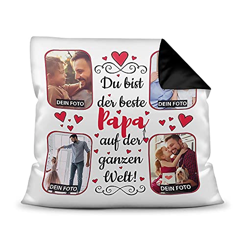 Print Royal Kissen mit Füllung zum selbst Gestalten mit 4 Fotos - Für den besten Papa - Hochwertige Kissenhülle mit Reißverschluss, Rückseite Schwarz, 40 x 40 cm