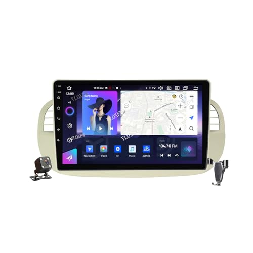 YLOXFW Android 12.0 Autoradio Stereo Navi mit 4G 5G WiFi DSP Carplay für FIAT 500 2007-2015 Sat GPS Navigation 9 Zoll MP5 Multimedia Video Player FM BT Receiver,Weiß,M800S