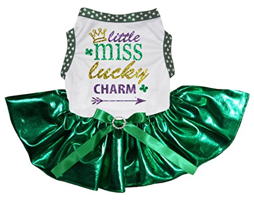 Petitebelle Puppy Kleidung Hund Kleid Miss Lucky Charm Weiß Top Grün Tutu