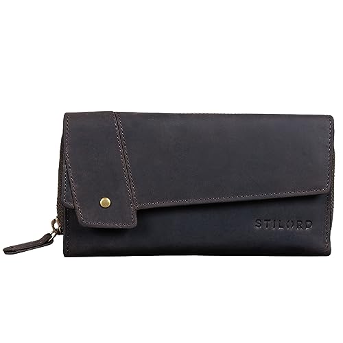 STILORD 'Sophia' Portemonnaie Damen Leder RFID NFC Schutz Vintage Geldbörse Groß Geldbeutel mit Reißverschluss und Ausleseschutz in Geschenkbox, Farbe:dunkel - braun