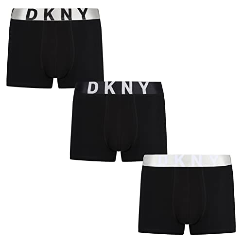 DKNY Men's Mens Boxers in Black with Branded Metallic Waistband in Cotton Mix Fabric-Pack of 3 Boxer Briefs, S
