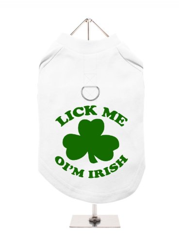 "St. Patrick: Lick Me OIM Irish" UrbanPup Hunde T-Shirt (weiß/grün)