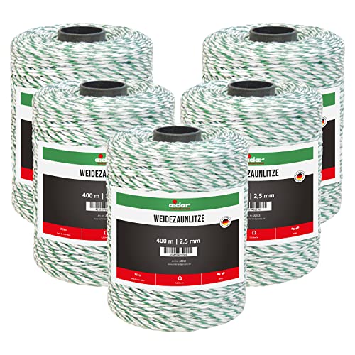 Weidezaunlitze, 2,5 mm Ø, weiß/grün - 400 m Rolle - 6 Niroleiter 0,15 mm Ø - ideal für Schafe/Schafzaun - Made in Germany (5 Rollen)