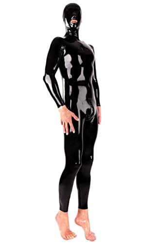 Schwarzer Latex-Fetisch-Catsuit-Body mit offenem Mund, Kapuze mit Reißverschluss hinten, Gummi-Kostüme ohne Socken und Handschuhe für Männer und Frauen, individuell anpassbar, Rot, WOMEN-XXL