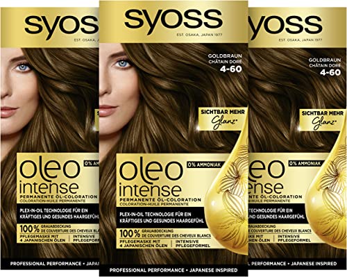 Syoss Oleo Intense Öl-Coloration 4-60 Goldbraun Stufe 3 (115 ml), dauerhafte Haarfarbe mit pflegendem Öl, Coloration ohne Ammoniak
