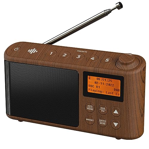 DAB/DAB Plus/FM Radio, Klein Digitalradio Tragbares Batteriebetrieben, Mini Radio Digital Akku & Netzbetrieb, USB-Ladekabel (Holzeffekt)