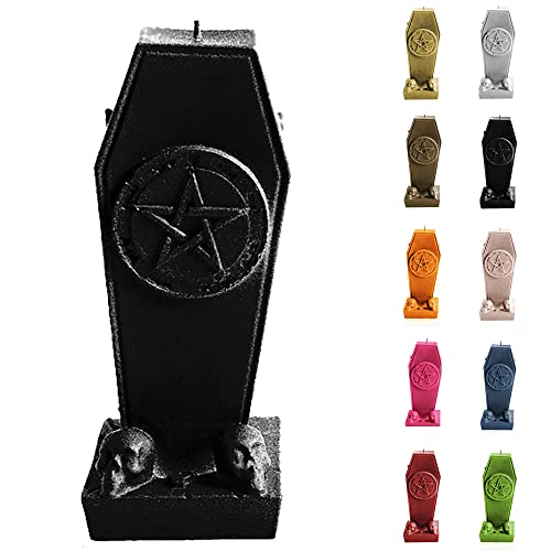 Candellana Kerze Sarg mit Pentagramm | Höhe: 17 cm | Schwarz Metallic | Brennzeit 35h | Halloween | Handgefertigt in der EU