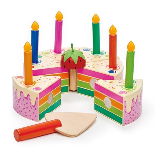 Tender Leaf Toys Geburtstagskuchen Regenbogen (Material Holz, Kinderspielzeug, mit Klettbefestigung, 6 Kuchenstücke) 7508282