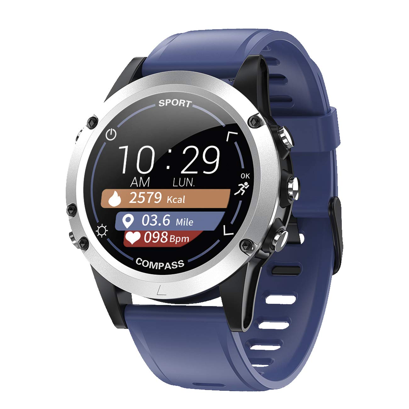 Fitnesstracker mit Herzfrequenz Puls Blutdruck Messung Kompass Schlaf Schrittzahl Farbdisplay Smartwatch Armband Uhr Blau - 9714/5
