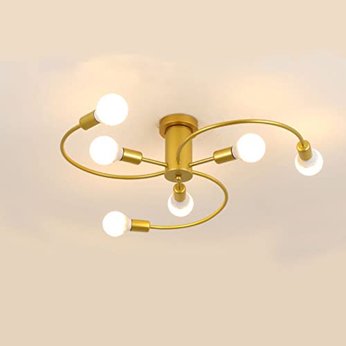 ZTWLEED Deckenleuchte Vintage, 6Flammig Deckenlampe Kronleuchter für Wohnzimmer Esszimmer Küche Flur, Kompatibel mit E27 LED, CFL und Edison Lampe,Deckenleuchte Gold