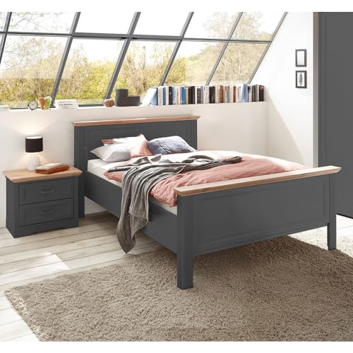 Lomadox Schlafzimmermöbel Set 2-teilig mit Bett 140x200cm, Nachttisch in Graphit mit Eiche Landhaus