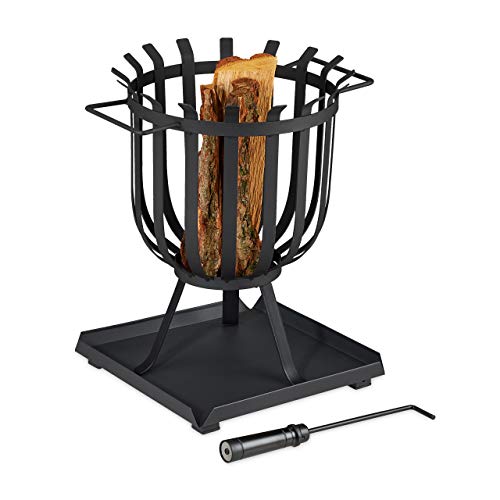 Relaxdays Feuerkorb XL, Brennkorb rund, HBT: 46 x 41,5 x 36 cm, mit Bodenplatte & Schürhaken, Feuerschale Stahl, schwarz