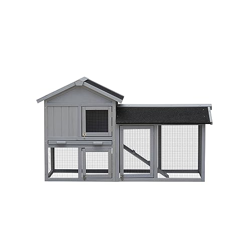 SPOFLYINN 2-stöckiger Hasenstall mit Türen Rampe Einfache Montage Holz Kaninchenhaus für kleine mittelgroße Tiere (147,1 cm L x 52,1 cm B x 85,6 cm H) Grau