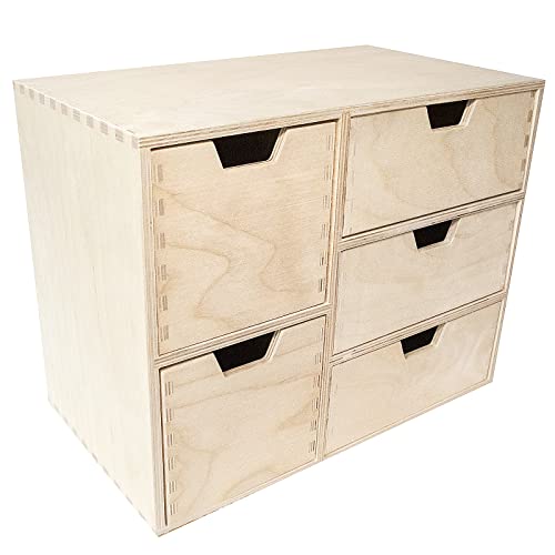 Creative Deco Schubladen-Box aus Kiefer-Sperrholz | 5 Schubladen | 36 x 20 x 28,5 cm | Minikommode für Kleinigkeiten | Perfektes Ordnungssystem für Lagerung, Decoupage & Dekoration
