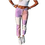 Hoch Taillierte Patchwork-Jeans Für Damen In Übergröße, Patch Flare-Jeanshose, Modische, Gerade Hose Und Sexy Vintage-Bleistifthose Für Lebhafte Frauen (Rosa,S)