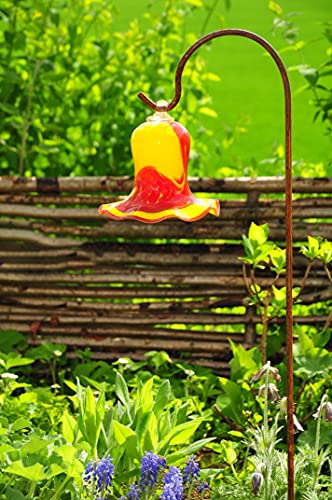 17 cm Gross Gartenkugel Tulpe Tropfen, Blume mit Hakenhalter Schäferstab Winterfest & ROBUST Glas-Dekoration Blüte Gartentulpe Glocke Rosenkugel in Tulpenform und in rot-gelb farblichem Design, 125