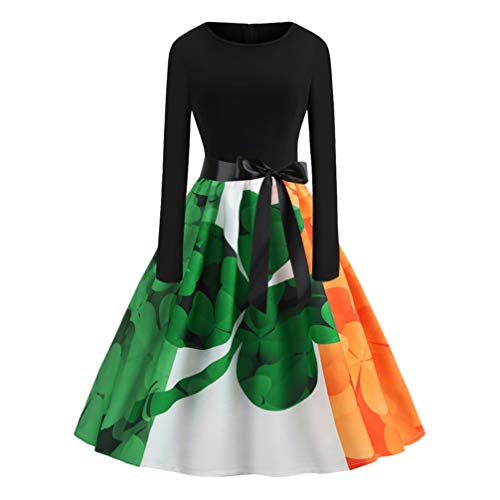 Amosfun Rundhals Kleid Langarm Tee Kleid Kleeblatt Kleerock Schleife Schärpe Schaukel Kleid Irish St. Patricks Day Party Kostümzubehör