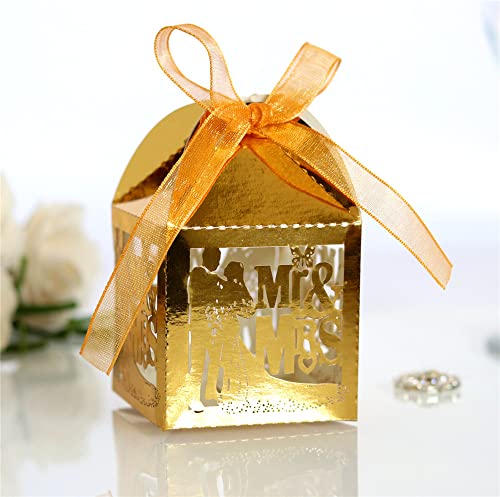 Geschenkbox, Verpackung, Hochzeitsbevorzugungsschachteln aus Papier, Süßigkeiten-Box, hohle Mr&Mrs-Geschenkbox for Brautparty, Babyparty, Weihnachtsfeier, 50 Stück (Color : Golden)