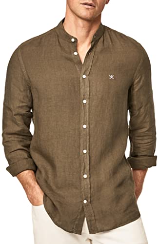 Hackett London Herren Kleidungsstück gefärbtes Leinen P Hemd, olivgrün, S
