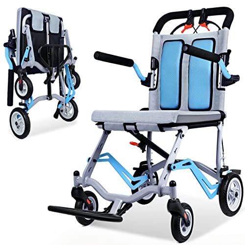 Broobey 2023 NEU Faltbarer Transportrollstuhl für Erwachsene und Senioren, Transitrollstuhl, Gewicht nur 6,8 kg, leichte tragbare Rollstuhlstütze aus Aluminium, 100 kg, blau