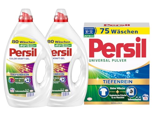 PERSIL-Set Kraft-Gel 2x 80 Waschladungen (160WL) Color & Pulver 1x 75 Waschladungen Universal, Color- & Vollwaschmittel-Set für reine Wäsche und hygienische Frische für die Maschine