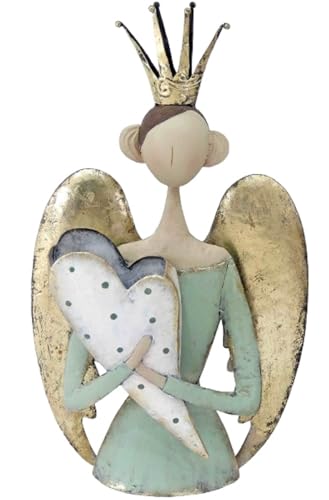 Posiwio ausgefallener nostalgischer Deko Engel als Büste mit Herzkorb Krone und großen Flügeln grün - Gold antike Shabby Optik ca. 30 x 15 x 54 cm