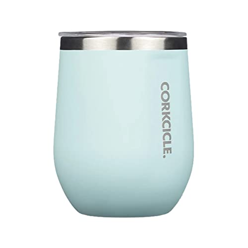 Corkcicle Weinglas ohne Stiel, dreifach isolierter Edelstahl, griffig, rutschfeste Unterseite, hält Getränke für 9 Stunden gekühlt, glänzendes Puderblau, 340 ml