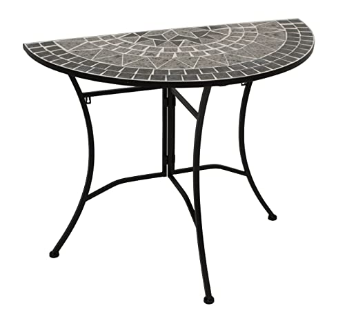 DEGAMO Wandtisch Anstelltisch Siena 45x90cm halbrund, Gestell Metall schwarz, Tischplatte aus Keramik in Mosaik-Optik, grau/Weiss