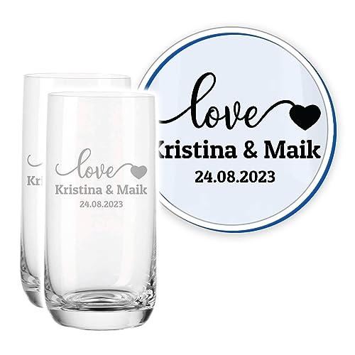 LALALO Leonardo Hochzeit Trinkglas Geschenk-Set (2 St.) graviert, Trinkgläser mit Gravur personalisiert als Hochzeitsgeschenk, Wasserglas/Longdrink-Glas zum Hochzeitstag (Loveheart)