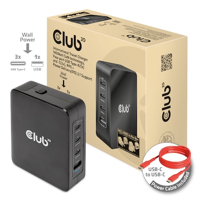 Club 3D CAC-1917 Reise-Ladegerät 140W GaN-Technologie, USB Typ-A(1x) und Typ-C(3X), PPS + Power Delivery (PD) 3.1 Unterstützung