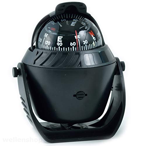wellenshop Bootskompass 12V LED Beleuchtet mit Sonnenschild 5° Skalierung Schwarz Kunststoff ABS Marinekompass Plattenkompass Kompass Boot