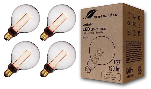 greenandco 4x dimmbare Vintage Design LED Lampe E27 G95 3,5W 120lm 1800K klar extra warmweiß 320° 230V flimmerfrei Edison Glühbirne zur Stimmungsbeleuchtung, 2 Jahre Garantie