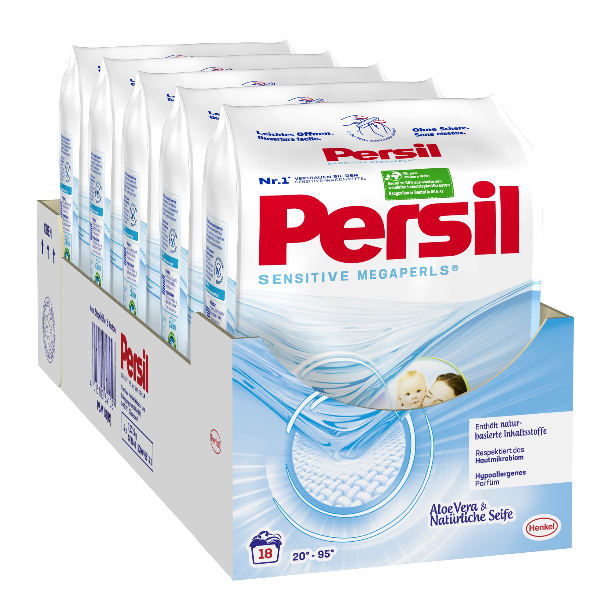 Persil Sensitive Megaperls (90 Waschladungen), ECARF-zertifiziertes Sensitive Waschmittel, duftet nach Aloe Vera & natürlicher Seife, (5er pack)
