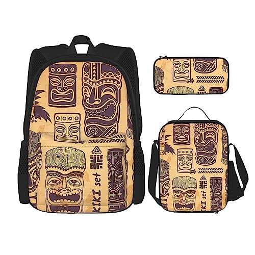 Aloha Tiki Muster Rucksack 3-teilig Schulranzen mit Brotdose und Federmäppchen Set =>> Geeignet für Jungen und Mädchen, Schwarz , Einheitsgröße, Kinderrucksack
