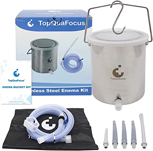 TopQuaFocus Shower Enema 2L wiederverwendbarer Phthalat- und BPA-freier Edelstahl-Kolon-Einlauf-Eimer mit 5 Kaffee-Einlaufspitzen lindert Verstopfung Detox