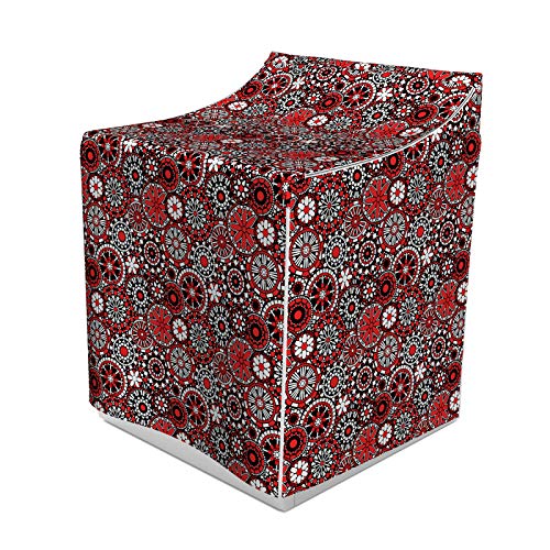 ABAKUHAUS Red Mandala Waschmaschienen und Trockner, Geometrische Formen Forming Blumen-Mosaik-Art-Entwurf, Bezug Dekorativ aus Stoff, 70x75x100 cm, Schwarz Weiß Orange