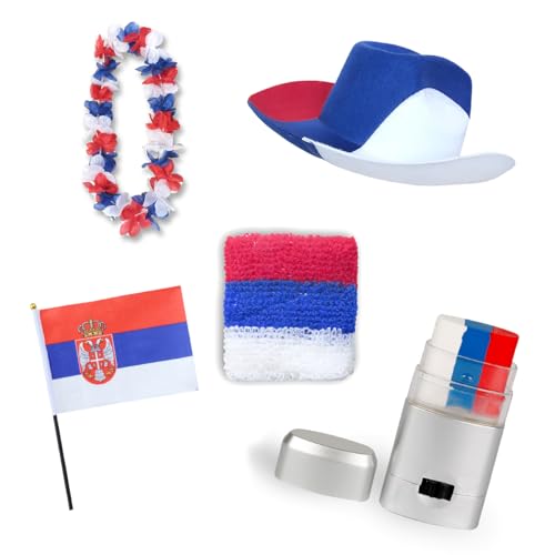 Sonia Originelli Fan-Paket EM Serbien Serbia Fußball Hut Kette Schminke Schweißband Flagge