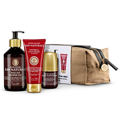 Recipe for Men Raw Naturals The Essential Kit with Pale Ale Shower Gel 300ml, Universal Face Cream 100ml, Goof Proof Deodorant 60ml and Exclusive Canvas Washbag