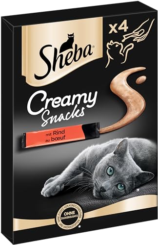 Sheba Creamy Snacks – Cremiges Katzen-Leckerli mit Rind – Praktische Sticks zum aus der Hand Schlecken – 44 x 12g Katzenleckerchen