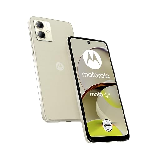 Motorola Moto g14 Smartphone (6,5"-FHD+-Display, 50-MP-Frontkamera, 4/128 GB, 5000 mAh, Android 13) Butter Cream, inkl. Schutzcover + KFZ-Adapter [Exklusiv bei Amazon]