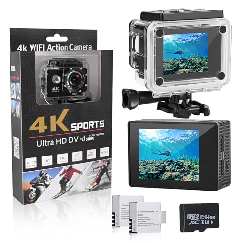 Comius Sharp Action Cam 4K/30FPS WiFi Unterwasser Kamera Unterwasser 131 Fuß 2 * 1350mAh Akku und Multifunktionszubehörpaket (schwarz)