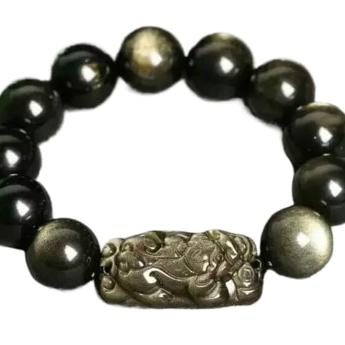 ECOLFE Armband, Geschenke für ihn, Perlenarmbänder for Männer und Frauen, doppeltes Piyao-Armband, natürlicher Goldener Obsidian, Verstellbarer Schutz, Schmuck, Geschenke, 10 mm (Color : Black_14mm)