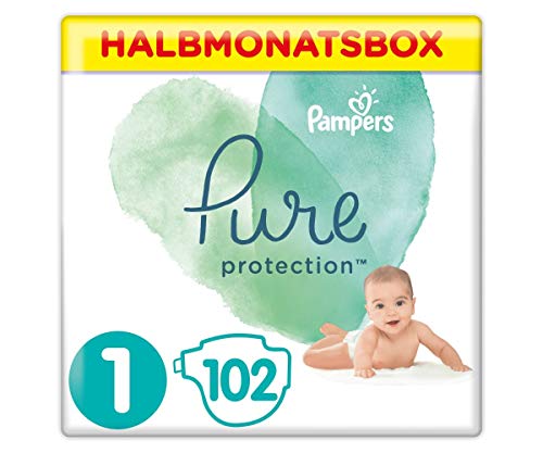 Pampers Baby Windeln Größe 1 (2-5 kg) Pure Protection, 102 Stück, HALBMONATSBOX, Mit Premium-Baumwolle Und Pflanzenbasierten Materialien