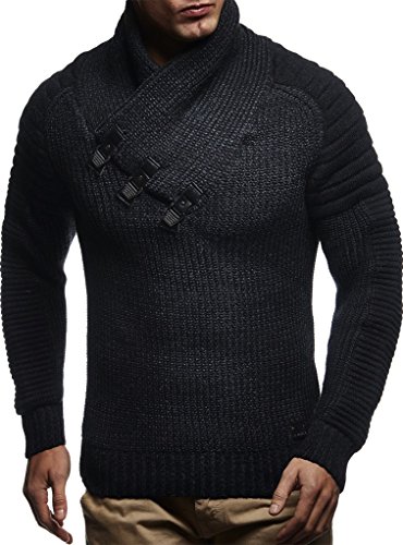 Leif Nelson Herren Strick-Pullover Schalkragen Slim Fit Winter Sommer Moderner Männer schwarzer Pulli mit Kragen Wollpullover 5225 Schwarz-Anthrazit Medium