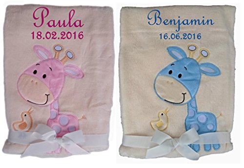 Babydecke beige Giraffe mit Namen bestickt Taufe Baby Geburt (hellblau)