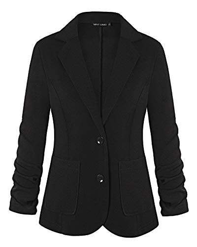 MINTLIMIT Damen 3/4 Geraffte Ärmel Vorne Offen Leicht Arbeit Büro Blazer Jacke mit Seitentaschen(Schwarz,Größe XL)