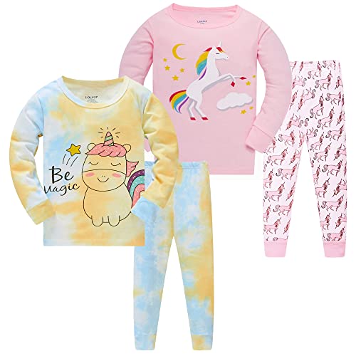 LOLPIP Mädchen Schlafanzug Tie Dye Bedruckte Nachtwäsche 100% Baumwolle Pyjamas für Kinder Einhorn Schlafkleidung Langarm 4 Stück Set 6-7 Jahre