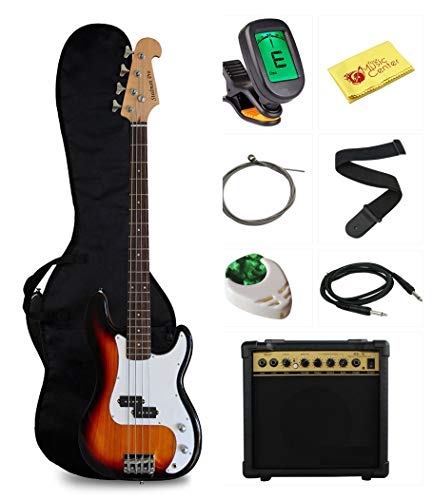 Stedman Pro Beginner Series Bass Guitar Bundle with 15-Watt Amp| Gig Bag| Instrument Cable| Strap| Picks| and Polishing Cloth - Sunburst