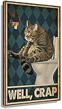 Katzenbilder Leinwand Wandkunst Moderne Katze Badezimmer Dekor Poster für die Wand Lustiger Ausdruck Retro Toilette Bild Druck Dekor Malerei (40x60cm/16x24inch) Innenrahmen